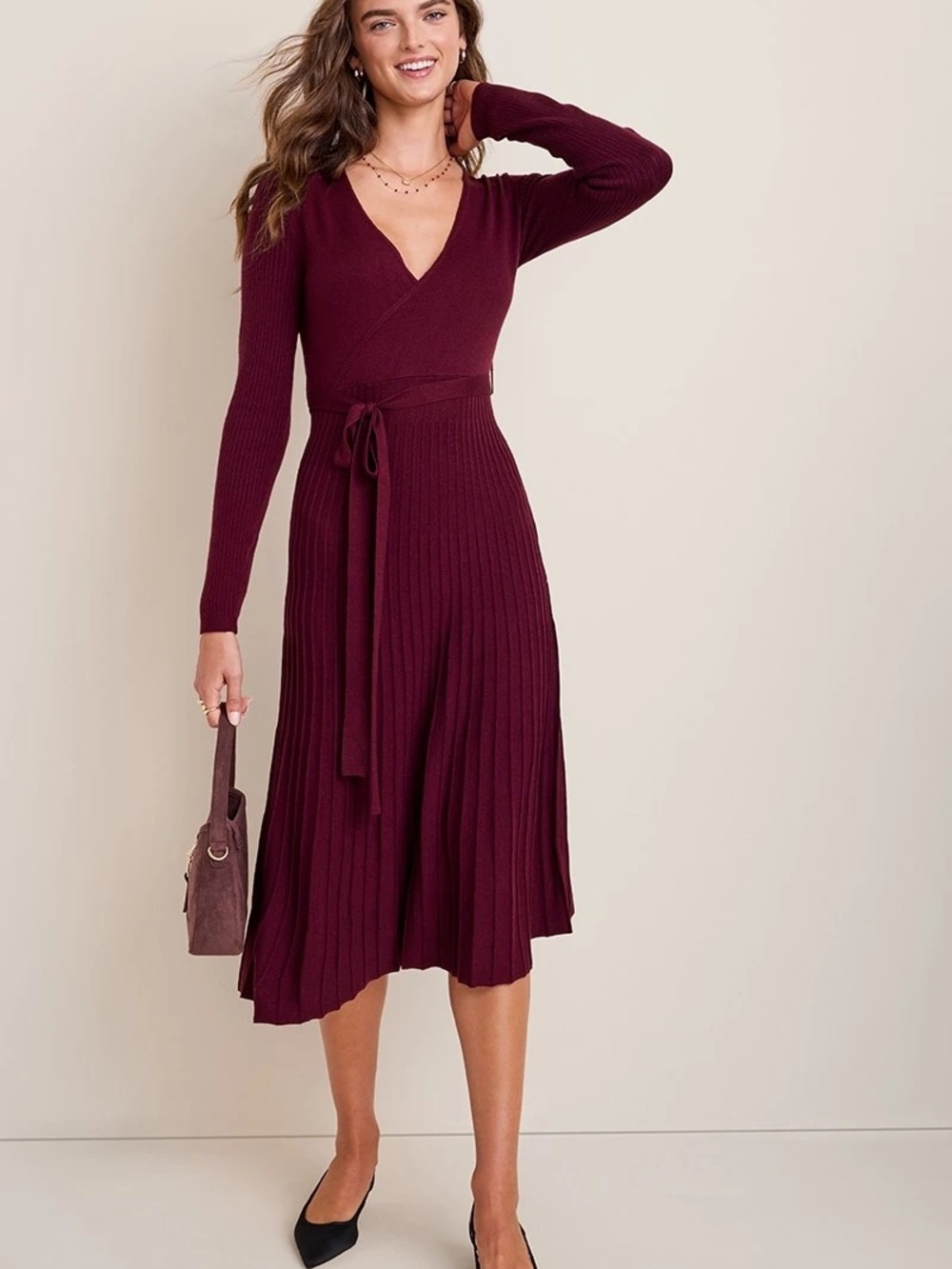 Francesca's Collections Burgundy Faux Wrap Ribbed Midi Dress